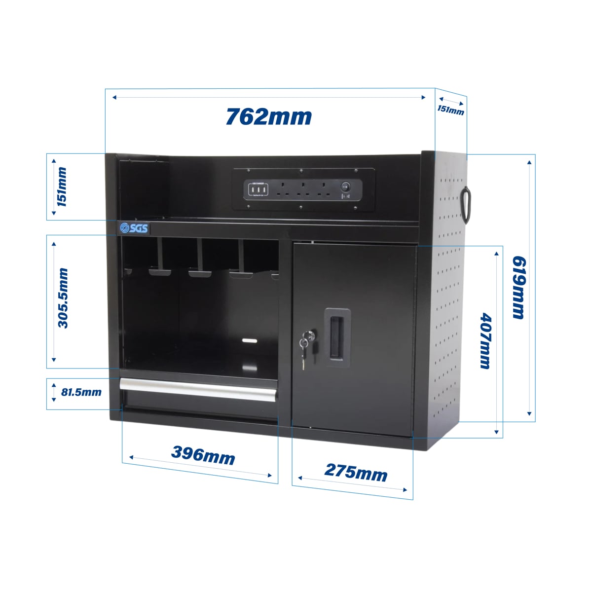 SGS 30in Wall Mounted Power Tool Storage Rack and Charging Station | 4 Slots | Drawer | Cabinet